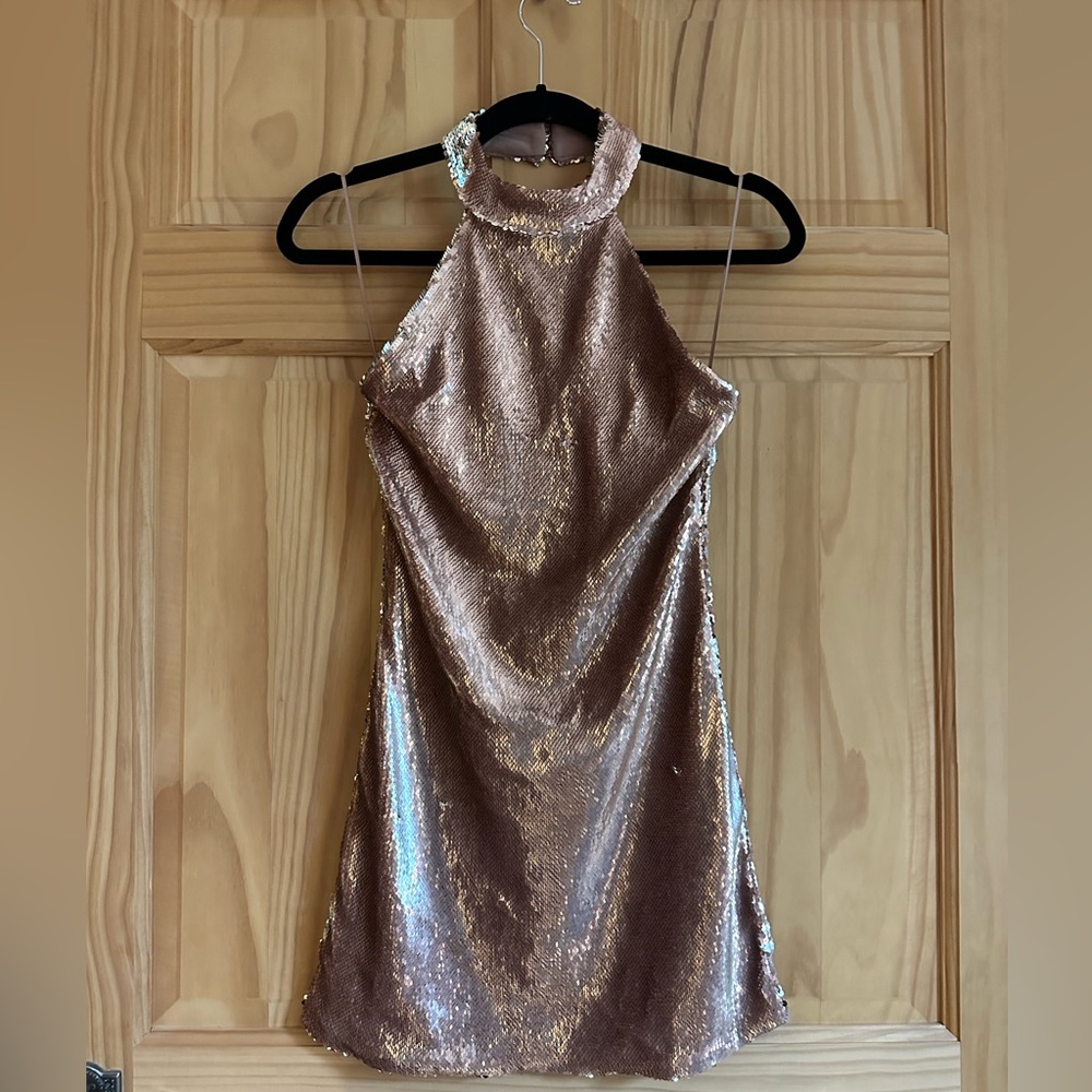Fanco rose gold sequin mini dress.